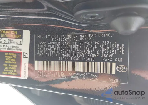 2012 Toyota Camry Se from USA, damaged, VIN 4T1BF1FK3CU116016